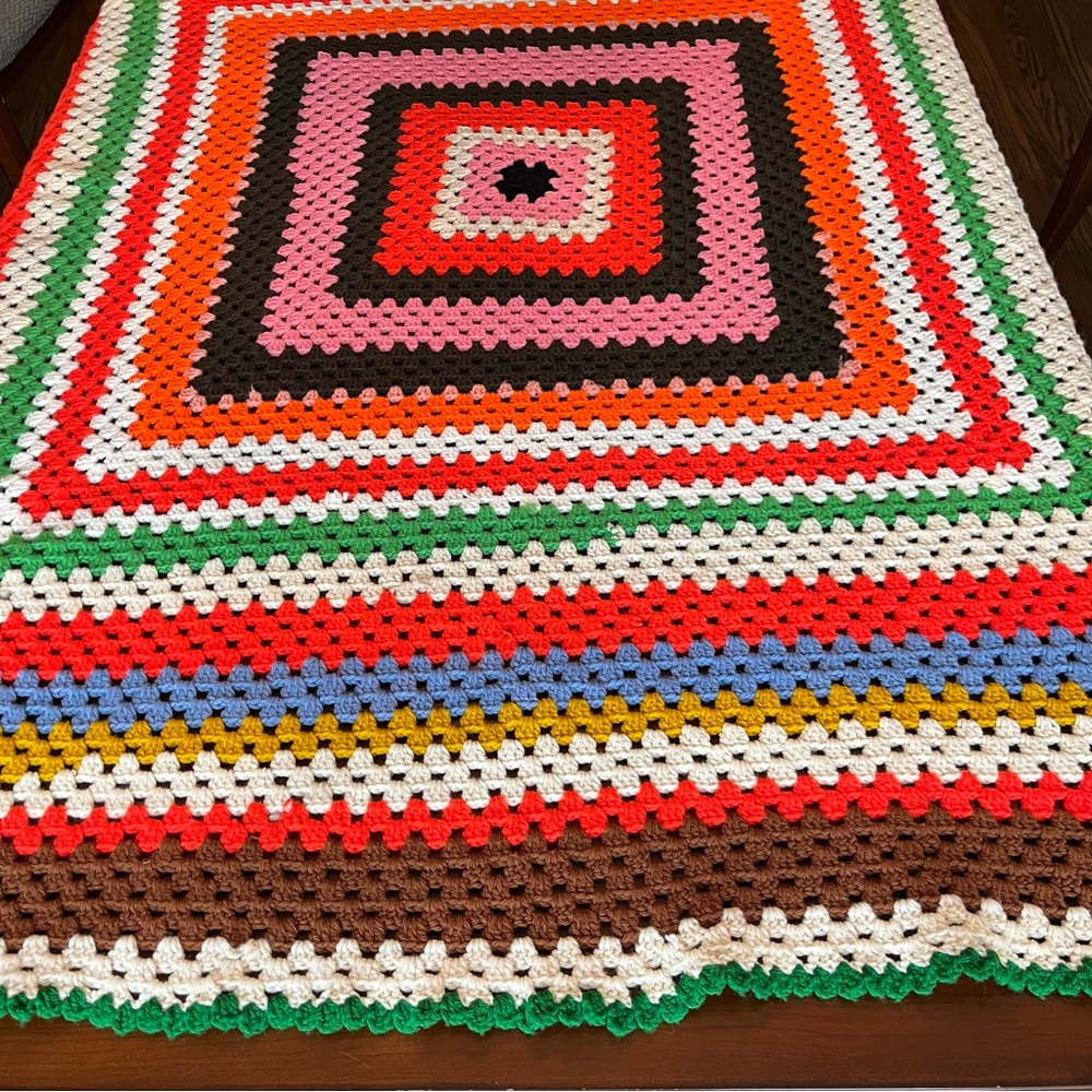 Vintage Handmade Multicolor Geometric Crochet Afghan Blanket Throw